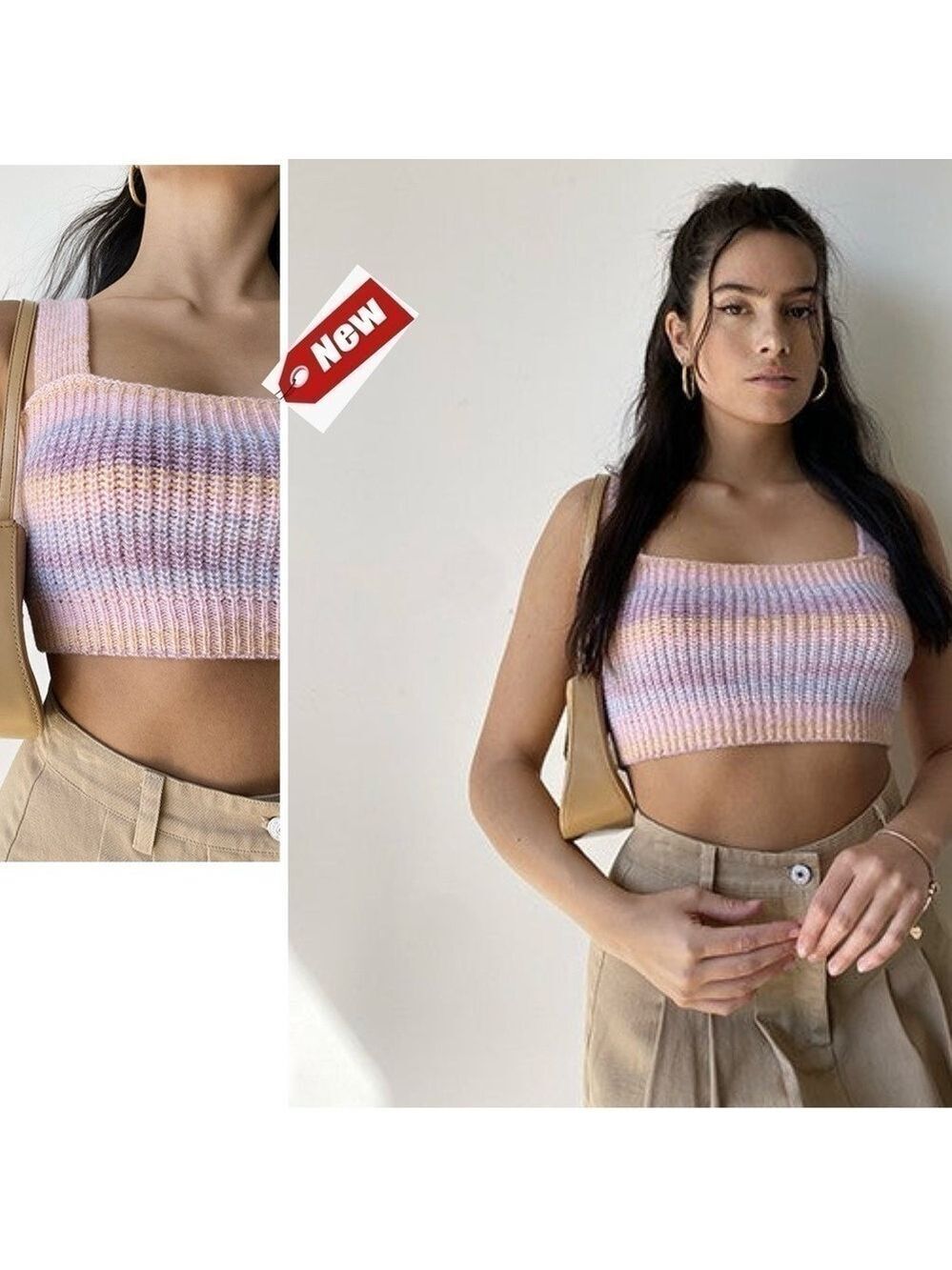 Lilac purple pink knit cropped striped tank top Sz M NWT